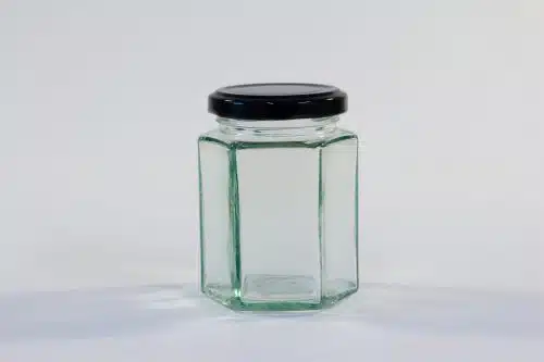190ml Hexagonal glass jar with lid. Food grade packaging perfect for honey, jams, confectionarys and chutneys