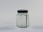 110ml Hexagonal glass jar with lid. Food grade packaging perfect for honey, jams, confectionarys and chutneys