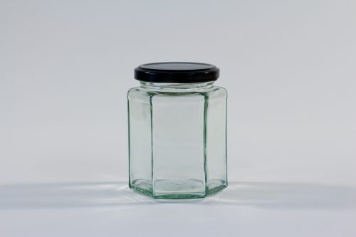 280ml Hexagonal glass jar with lid. Food grade packaging perfect for honey, jams, confectionarys and chutneys