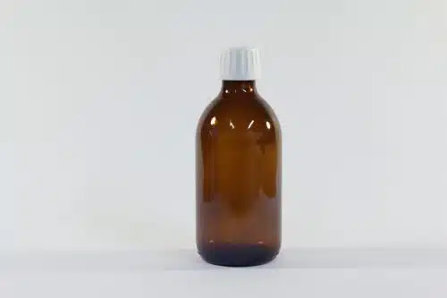 300ml amber glass bottle with white cap. From our glass packaging range.