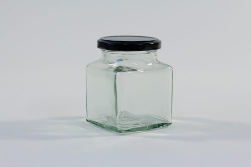 200 gram Square glass jar with lid. Food grade packaging perfect for honey, jams, confectionarys and chutneys.