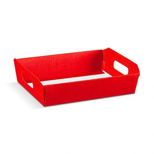 Red hamper tray with white background.