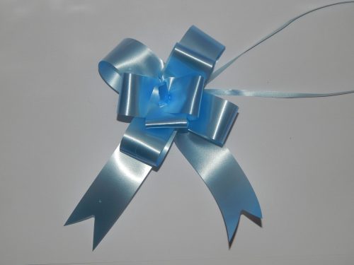 32mm light blue pull string ribbons on a white back drop.