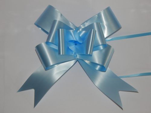 50mm Light Blue Pull String Bows on a white back drop.