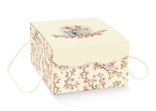 Hamper Box with lid and bunny print on a white background.