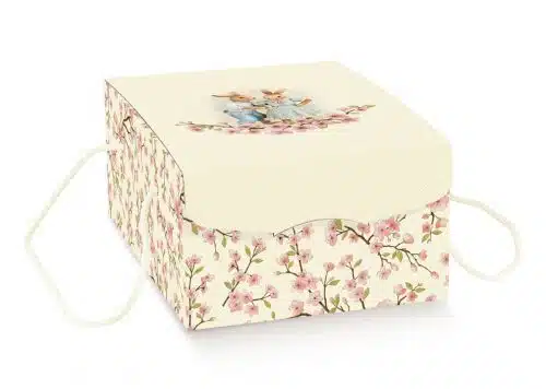 Hamper Box with lid and bunny print on a white background.